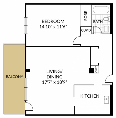 Floor plan for 1 bed, 1 bath, 790 sqft